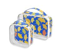 Grand sac à maquillage bleu motif feuilles de ginkgo approuvé par la TSA - Résistant à l'eau - Conforme aux normes des compagnies aériennes