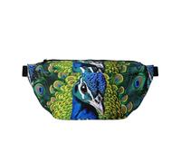 Grand sac banane à bandoulière pour homme et femme - Style bohème - Fleurs de lotus dorées - Sac de poitrine réglable pour voyage, Bleu paon., Taille unique, Rétro