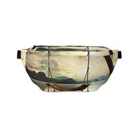 Grand sac banane à bandoulière pour homme et femme - Style bohème - Fleurs de lotus dorées - Sac de poitrine réglable pour voyage, Balançoire et arbre d'automne, Taille unique, Rétro