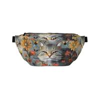 Grand sac banane avec imprimé oiseaux et fleurs, sac banane avec sangle réglable, sac de poitrine pour randonnée, voyage, fitness et transport quotidien, Chats et fleurs drôles, One Size, Imprimé