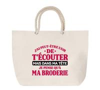 Grand Sac Cabas Beige J'ai peut-être l'air de t'écouter mais dans ma tête je pense qu'à ma broderie J'ai peut-être l'air de t'écouter mais je ne pense qu'à - Activité | Coton 23 L Anses en Corde 65 cm
