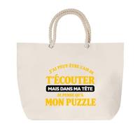 Grand Sac Cabas Beige J'ai peut-être l'air de t'écouter mais dans ma tête je pense qu'à mon puzzle J'ai peut-être l'air de t'écouter mais je ne pense qu'à - Activité | Coton 23 L Anses en Corde 65 cm