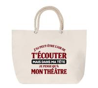 Grand Sac Cabas Beige J'ai peut-être l'air de t'écouter mais dans ma tête je pense qu'à mon théâtre J'ai peut-être l'air de t'écouter mais je ne pense qu'à - Activité | Coton 23 L Anses en Corde 65 cm