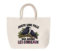 Grand Sac Cabas Beige Juste une fille qui adore les corbeaux | Coton 23 L avec Anses en Corde 65 cm | Sac de Plage Marché W nd Sport | Cadeau Amoureuse des Oiseaux Femme Homme Anniversaire