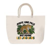 Grand Sac Cabas Beige Juste une fille qui adore les jaguars | Coton 23 L avec Anses en Corde 65 cm | Sac de Plage Marché W nd Sport | Cadeau Amoureuse des Animaux Femme Homme Anniversaire