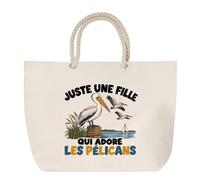 Grand Sac Cabas Beige Juste une fille qui adore les pélicans | Coton 23 L avec Anses en Corde 65 cm | Sac de Plage Marché W nd Sport | Cadeau Amoureuse des Oiseaux Femme Homme Anniversaire