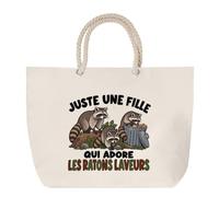 Grand Sac Cabas Beige Juste une fille qui adore les ratons laveurs | Coton 23 L avec Anses en Corde 65 cm | Sac de Plage Marché W nd Sport | Cadeau Amoureuse des Animaux Femme Homme Anniversaire