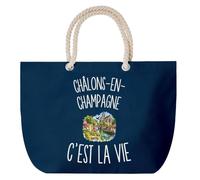 Grand Sac Cabas Bleu Marine Châlons-en-Champagne c’est la vie | Coton 23 L avec Anses en Corde 65 cm | Sac de Plage Piscine Marché W nd | Cadeau Châlonnais Châlonnaise Femme Homme Anniversaire