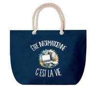 Grand Sac Cabas Bleu Marine Être informaticienne c'est la vie | Coton 23 L avec Anses en Corde 65 cm | Sac de Plage Piscine Marché W nd | Cadeau Métier du Numérique Femme Homme Anniversaire