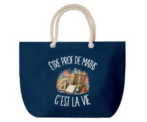 Grand Sac Cabas Bleu Marine Être prof de maths c'est la vie | Coton 23 L avec Anses en Corde 65 cm | Sac de Plage Piscine Marché W nd | Cadeau Enseignant Enseignante Femme Homme Anniversaire