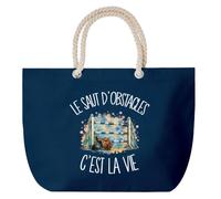 Grand Sac Cabas Bleu Marine Le saut d'obstacles c'est la vie | Coton 23 L avec Anses en Corde 65 cm | Sac de Plage Piscine Marché W nd | Cadeau Cavalier Cavalière Femme Homme Anniversaire