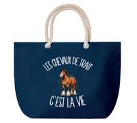 Grand Sac Cabas Bleu Marine Les chevaux de trait c'est la vie | Coton 23 L avec Anses en Corde 65 cm | Sac de Plage Piscine Marché W nd | Cadeau Cavalier Cavalière Femme Homme Anniversaire
