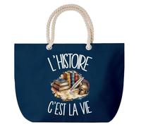Grand Sac Cabas Bleu Marine L'histoire c'est la vie | Coton 23 L avec Anses en Corde 65 cm | Sac de Plage Piscine Marché W nd | Cadeau Passionné et Passionnée du Passé Femme Homme Anniversaire