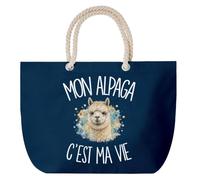 Grand Sac Cabas Bleu Marine Mon alpaga c'est ma vie | Coton 23 L avec Anses en Corde 65 cm | Sac de Plage Piscine Marché W nd | Cadeau Éleveur et Éleveuse D'alpagas Femme Homme Anniversaire