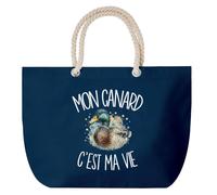 Grand Sac Cabas Bleu Marine Mon canard c'est ma vie | Coton 23 L avec Anses en Corde 65 cm | Sac de Plage Piscine Marché W nd | Cadeau Éleveur et Éleveuse de Volailles Femme Homme Anniversaire
