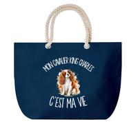 Grand Sac Cabas Bleu Marine Mon Cavalier King Charles c'est ma vie | Coton 23 L avec Anses en Corde 65 cm | Sac de Plage Piscine Marché W nd | Cadeau Propriétaire Chien Femme Homme Anniversaire