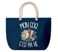 Grand Sac Cabas Bleu Marine Mon coq c'est ma vie | Coton 23 L avec Anses en Corde 65 cm | Sac de Plage Piscine Marché W nd | Cadeau Éleveur et Éleveuse de Volailles Femme Homme Anniversaire