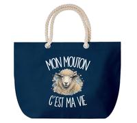 Grand Sac Cabas Bleu Marine Mon mouton c'est ma vie | Coton 23 L avec Anses en Corde 65 cm | Sac de Plage Piscine Marché W nd | Cadeau Éleveur et Éleveuse de Moutons Femme Homme Anniversaire