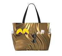 Grand sac cabas de plage doré à motifs tourbillonnants pour femme, avec fermeture éclair et poche imperméable. Léger et pliable, il est idéal pour la salle de sport, les voyages, les courses, la nat