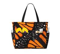 Grand sac cabas de plage orange à motif ailes de papillon monarque pour femme, avec fermeture éclair et poche imperméable. Léger et pliable, il est idéal pour la salle de sport, les ges, les courses,