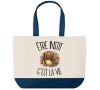 Grand Sac Cabas Fond Bleu Être instit c'est la vie | Toile de Coton 170 g/m² 27 L Poche Intérieure Anses 64 cm | Courses Shopping Plage | Cadeau Enseignant Enseignante Femme Homme Anniversaire Noël