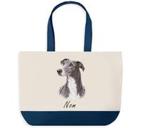 Grand Sac Cabas Fond Bleu Greyhound (Lévrier Anglais) | Toile de Coton 170 g/m² 27 L Poche Intérieure Anses 64 cm | Courses Shopping Plage | Cadeau Propriétaire Chien Femme Homme Anniversaire Noël