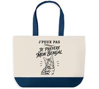 Grand Sac Cabas Fond Bleu J’peux pas je préfère mon Bengal | Toile de Coton 170 g/m² 27 L Poche Intérieure Anses 64 cm | Courses Shopping Plage