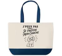 Grand Sac Cabas Fond Bleu J’peux pas je préfère mon Caniche J'peux pas minimaliste | Toile de Coton 170 g/m² 27 L Poche Intérieure Anses 64 cm | Courses Shopping Plage