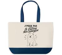 Grand Sac Cabas Fond Bleu J’peux pas je préfère mon Samoyède J'peux pas minimaliste | Toile de Coton 170 g/m² 27 L Poche Intérieure Anses 64 cm | Courses Shopping Plage