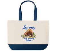 Grand Sac Cabas Fond Bleu Les ours, mon animal totem | Toile de Coton 170 g/m² 27 L Poche Intérieure Anses 64 cm | Courses Shopping Plage