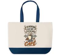 Grand Sac Cabas Fond Bleu Si tu m'entends, c'est que je n'ai pas encore mon café Humour Beauf et drôle | Toile de Coton 170 g/m² 27 L Poche Intérieure Anses 64 cm | Courses Shopping Plage