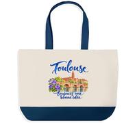 Grand Sac Cabas Fond Bleu Toulouse, toujours une bonne idée | Toile de Coton 170 g/m² 27 L Poche Intérieure Anses 64 cm | Courses Shopping Plage