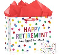 Grand sac cadeau « Happy Retirement » avec papier de soie rouge et carte - Pois colorés - Sacs cadeaux de retraite pour femme, homme, collègue, patron, décorations de fête d'adieu, fournitures