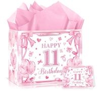 Grand sac cadeau pour 11e anniversaire pour filles avec nœud rose - Sacs cadeaux de 11 ans avec papier cadeau et carte de vœux - Sac à dragées pour 11e anniversaire - Fournitures de décoration