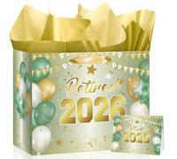 Grand sac cadeau pour retraite 2026, sac en papier vert sauge doré avec papier cadeau de soie et carte de vœux pour femme, homme, collègue, départ d'adieu, fournitures de fête