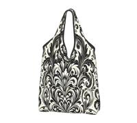Grand sac de courses pliable et réutilisable avec poignées de transport Motif damassé Noir/blanc