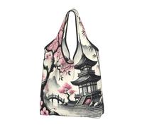 Grand sac de courses pliable et réutilisable avec poignées de transport Motif temple de cerisier japonais