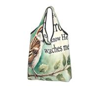 Grand sac de courses pliable réutilisable avec poignées de transport « His Eye Is On The Bird »