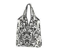 Grand sac de courses pliable réutilisable avec poignées de transport Motif damassé Noir