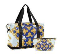 Grand sac de gym baroque jaune bleu vintage fleurs sac de nuit avec trousse de toilette pour yoga imperméable, Fleurs vintage baroque jaune bleu, 1 size