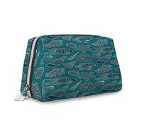 Grand sac de maquillage en cuir, île tropicale d'été, sac de voyage portable polyvalent avec fermeture éclair pour femme, blanc vert, M, Bleu_9, Taille unique, Trousse de beauté