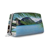 Grand sac de maquillage en cuir, île tropicale d'été, sac de voyage portable polyvalent avec fermeture éclair pour femme, blanc vert, M, Blanc Vert_6, Taille unique, Trousse de beauté