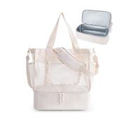 Grand sac de plage amovible isolé en maille, résistant au sable pour femme, sac de plage isotherme pour piscine, croisière, quotidien, beige