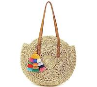Grand sac de plage en paille ronde tissée pour femme avec pompons, beige, X-Large