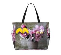 Grand sac de plage imperméable avec fermeture éclair et poches - Motif jolies roses - Sac à main pliable pour voyage, piscine, shopping, vacances, salle de sport