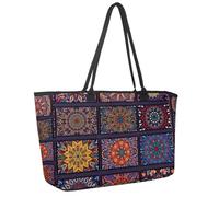 Grand sac de plage pour femme, cartes rétro, ethnique, mandala, floral, motif floral, sac fourre-tout de voyage avec poches, sac à main à bandoulière imperméable, multicolore 1, 14.5x20.8x5.5in