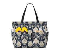 Grand sac de plage pour femme résistant au sable - Imprimé damassé bleu vintage avec fermeture éclair