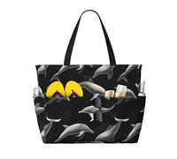 Grand sac de plage pour femme résistant au sable - Imprimé dauphins noirs - Sac fourre-tout pour l'été, le travail, les voyages avec fermeture éclair