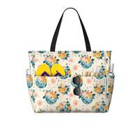 Grand sac de plage pour femme résistant au sable - Imprimé floral et boule de musique - Sac fourre-tout avec fermeture éclair