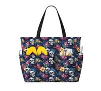 Grand sac de plage pour femme résistant au sable - Imprimé floral hawaïen tête de mort - Sac fourre-tout avec fermeture éclair